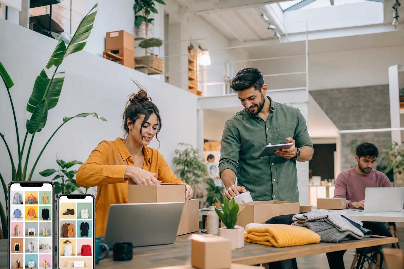 Startup team packing products beside an AI shopping experience on a phone