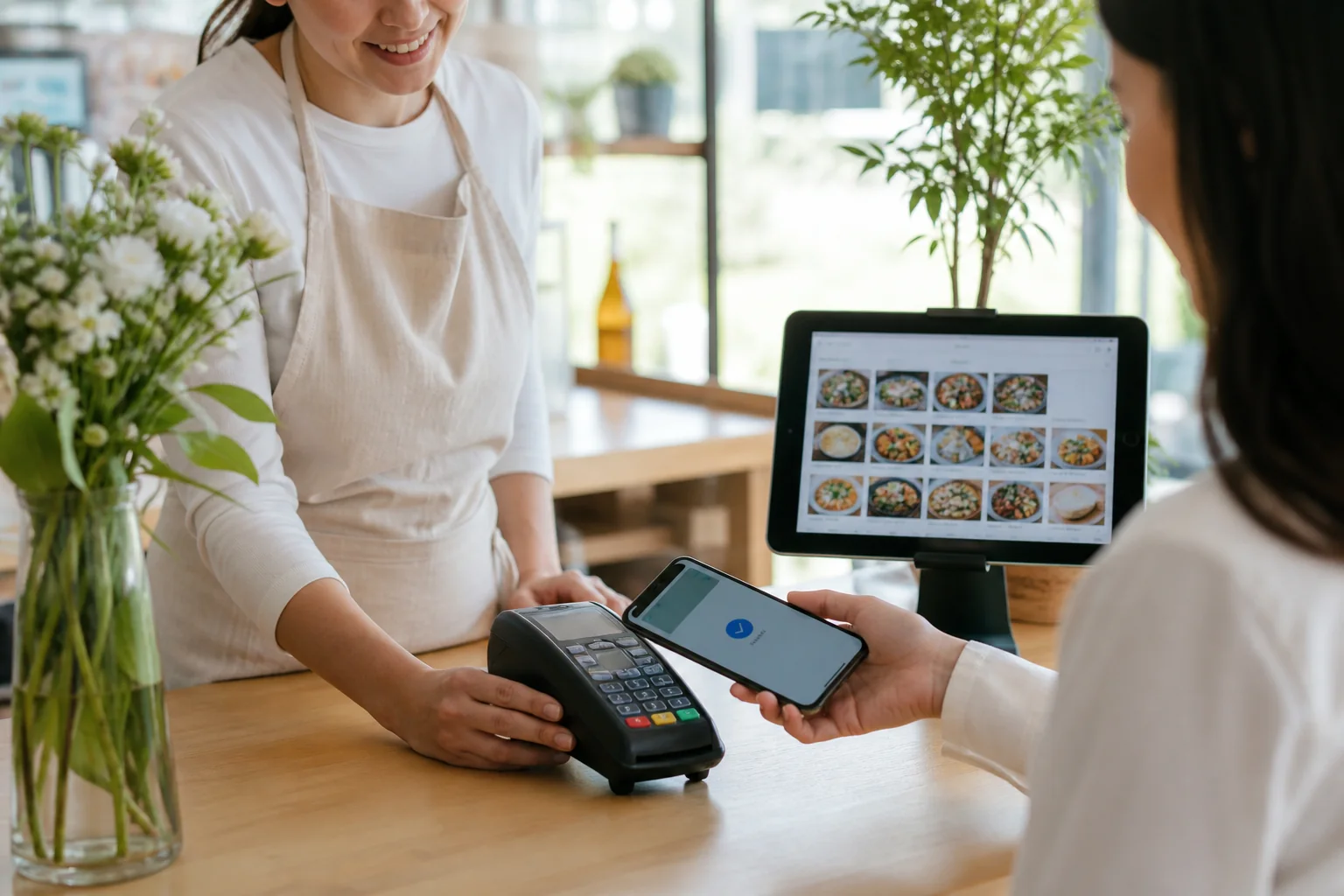 Secure payment review for an AI ecommerce experience in a bright studio