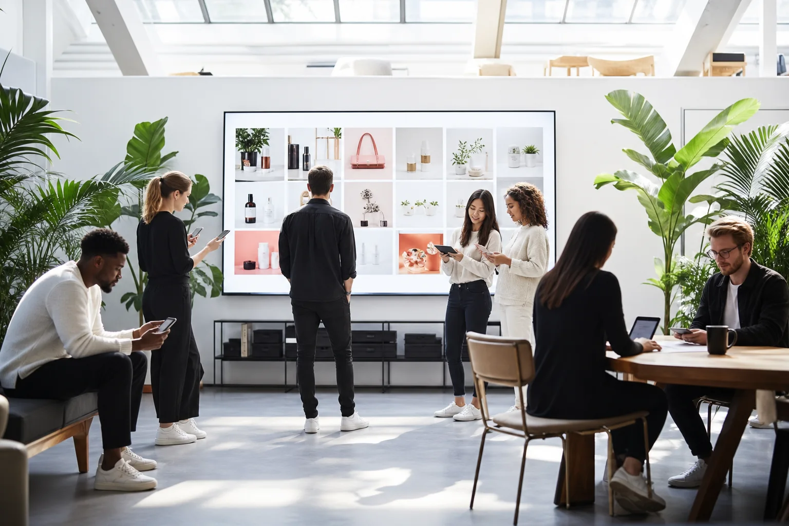 AI ecommerce specialists reviewing shopping experiences in a bright studio
