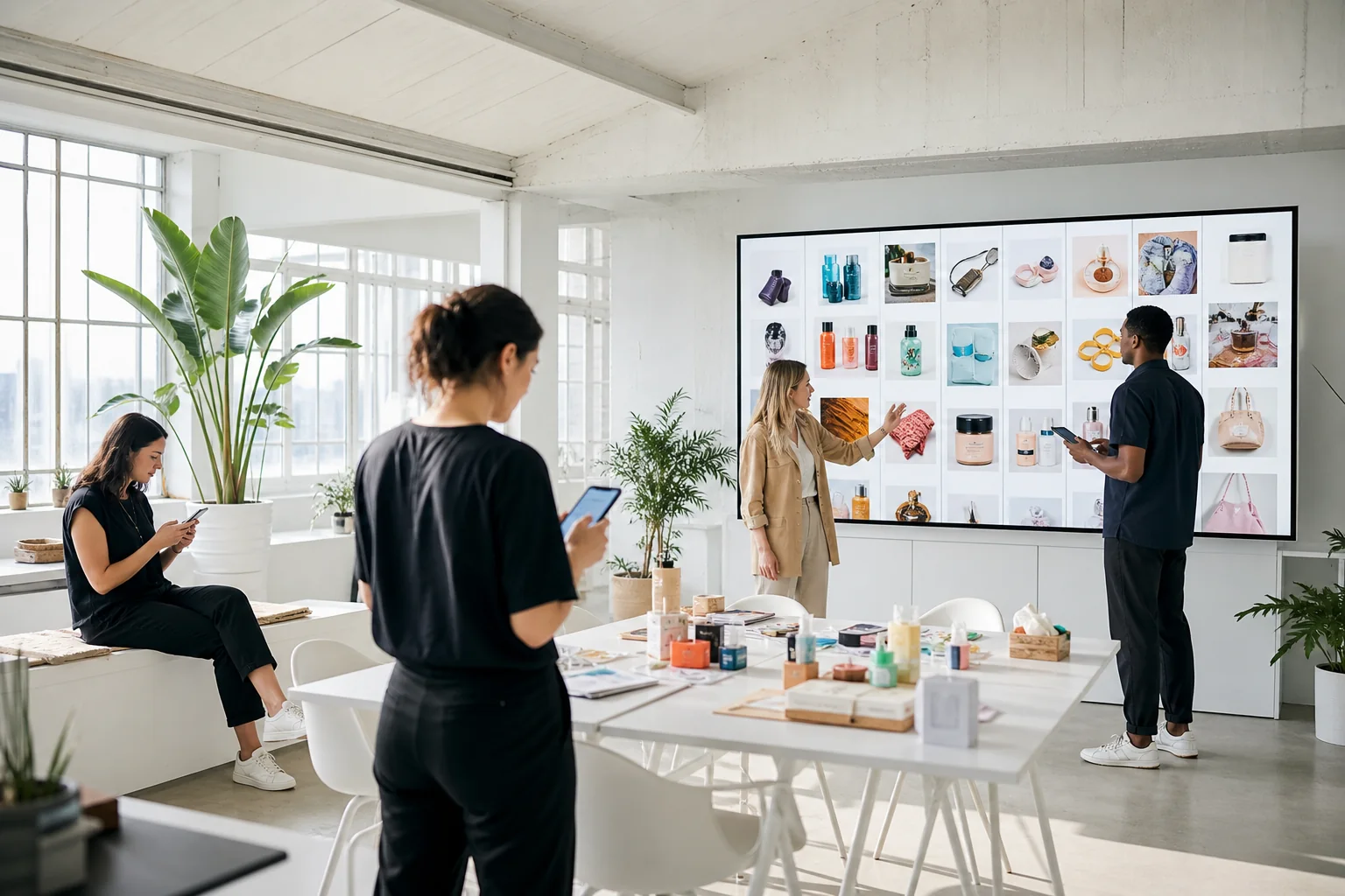 Product team reviewing AI ecommerce concepts in a bright loft