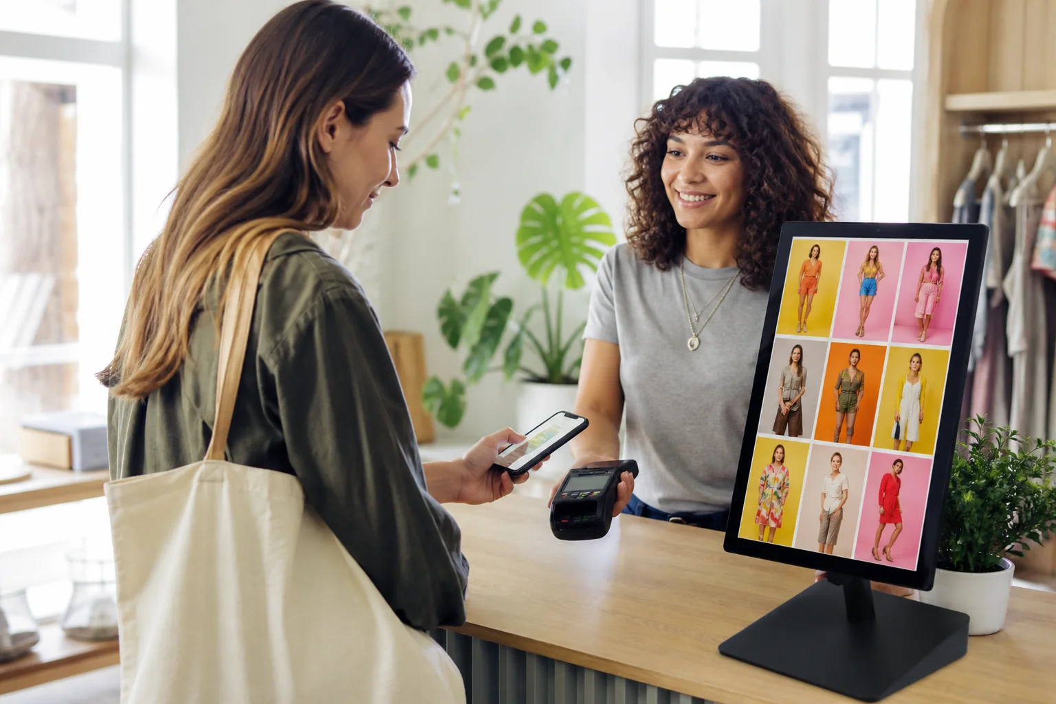 Shopper completing a purchase on an AI ecommerce experience in a bright boutique