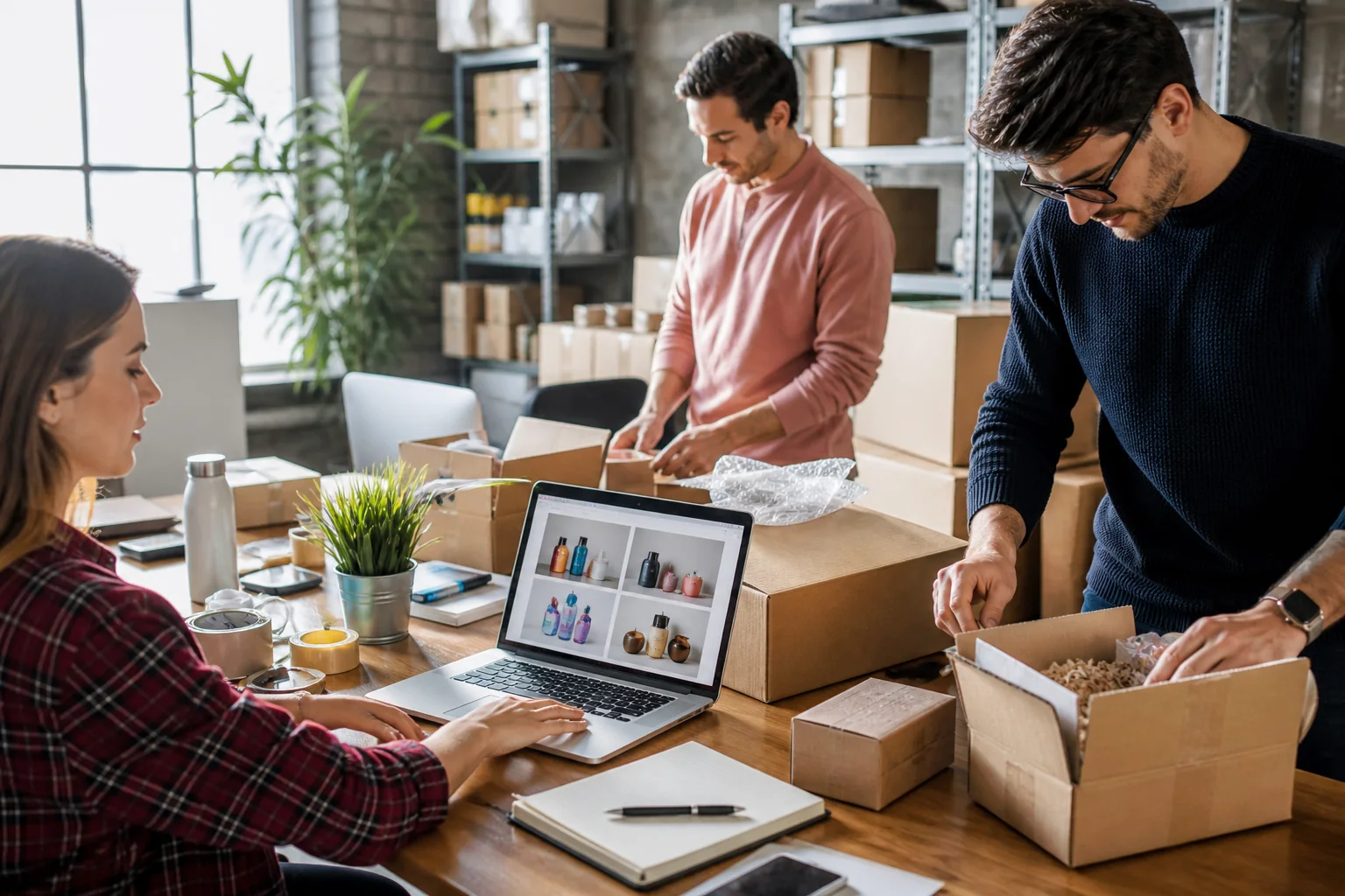 Startup team packing wholesale sample boxes beside a B2B catalog on a laptop