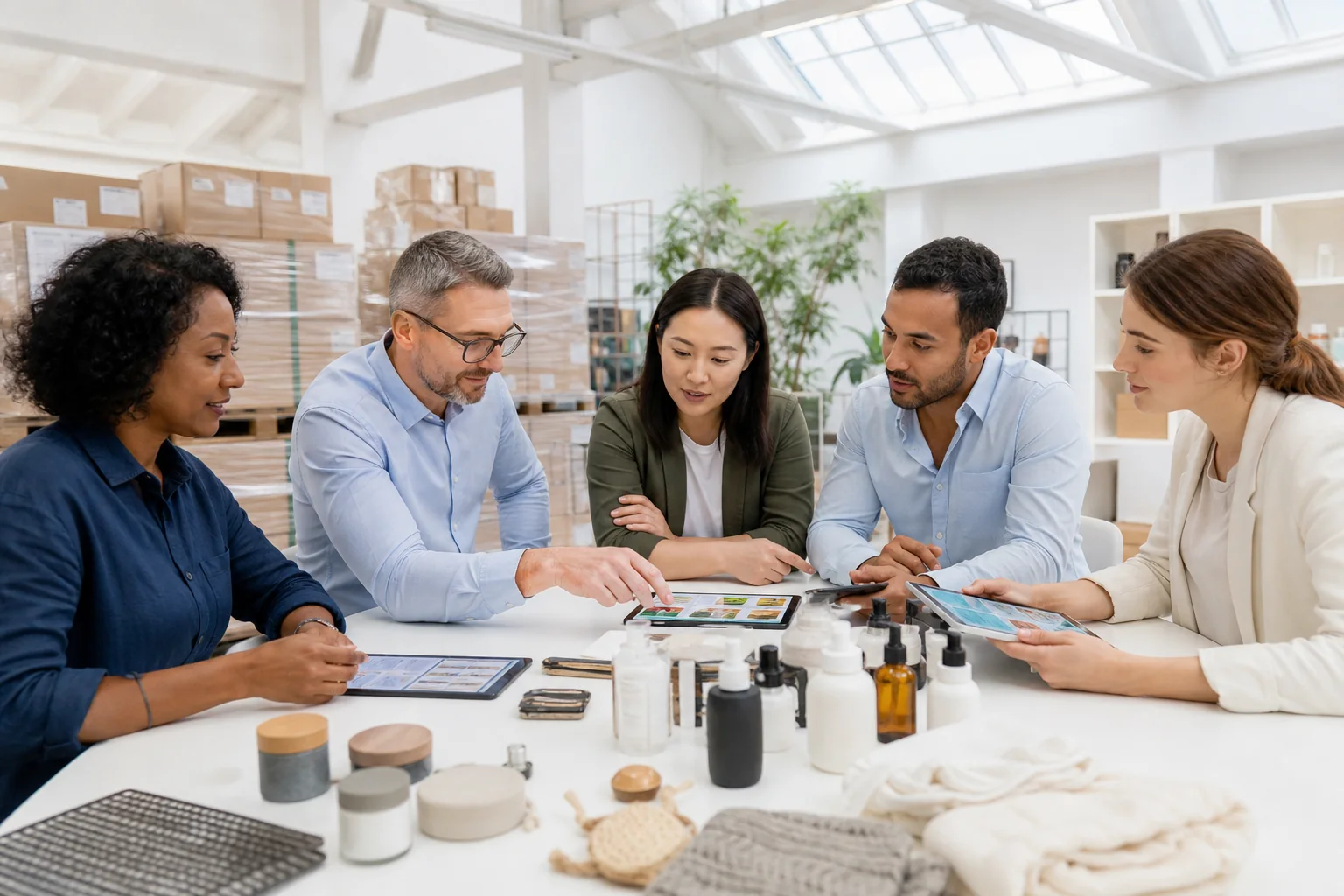 B2B commerce specialists reviewing wholesale catalogs in a bright studio