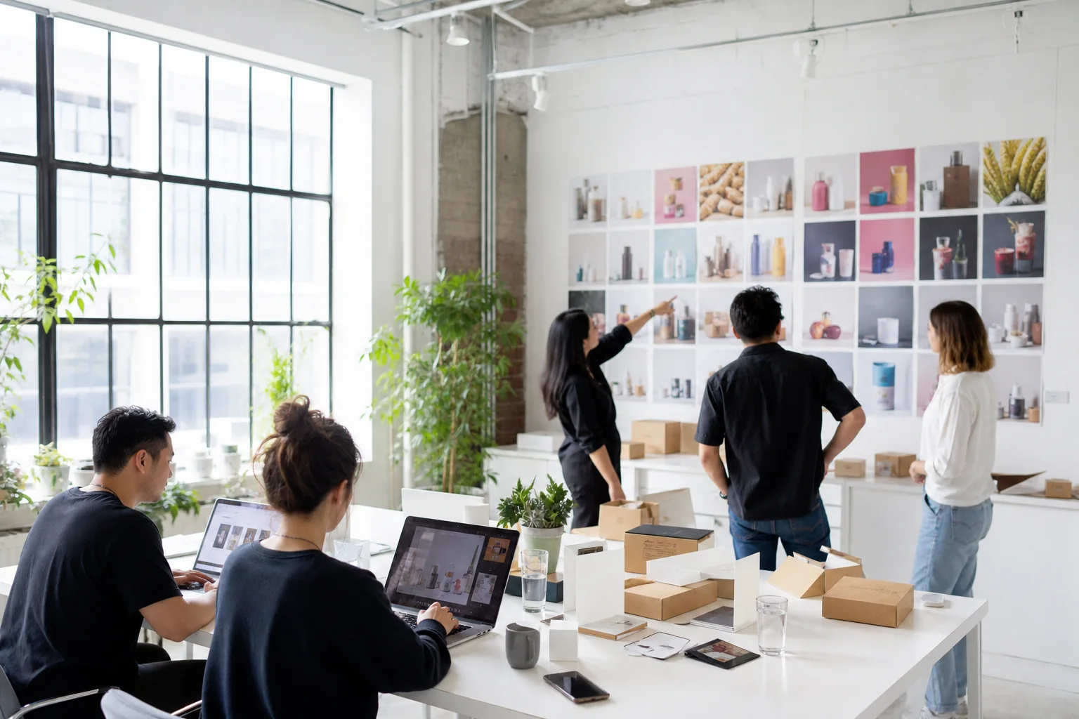 Product team reviewing B2B commerce concepts in a bright loft