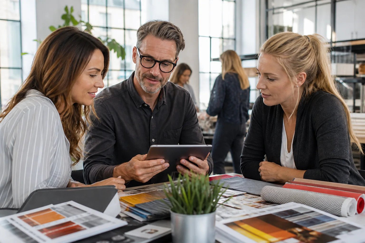 Business buyers completing a purchase among product samples in a bright wholesale studio