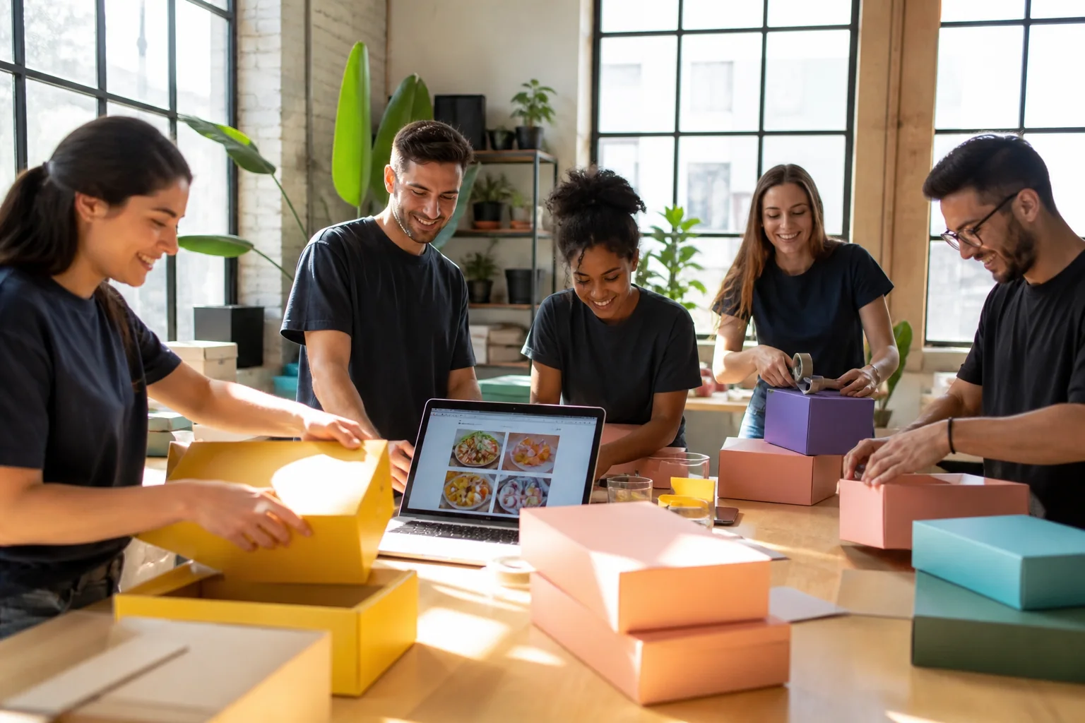 Startup team packing colorful branded boxes in a bright loft