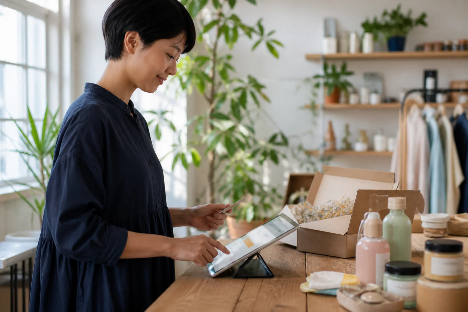 Secure payment review for a D2C shopping experience in a bright studio