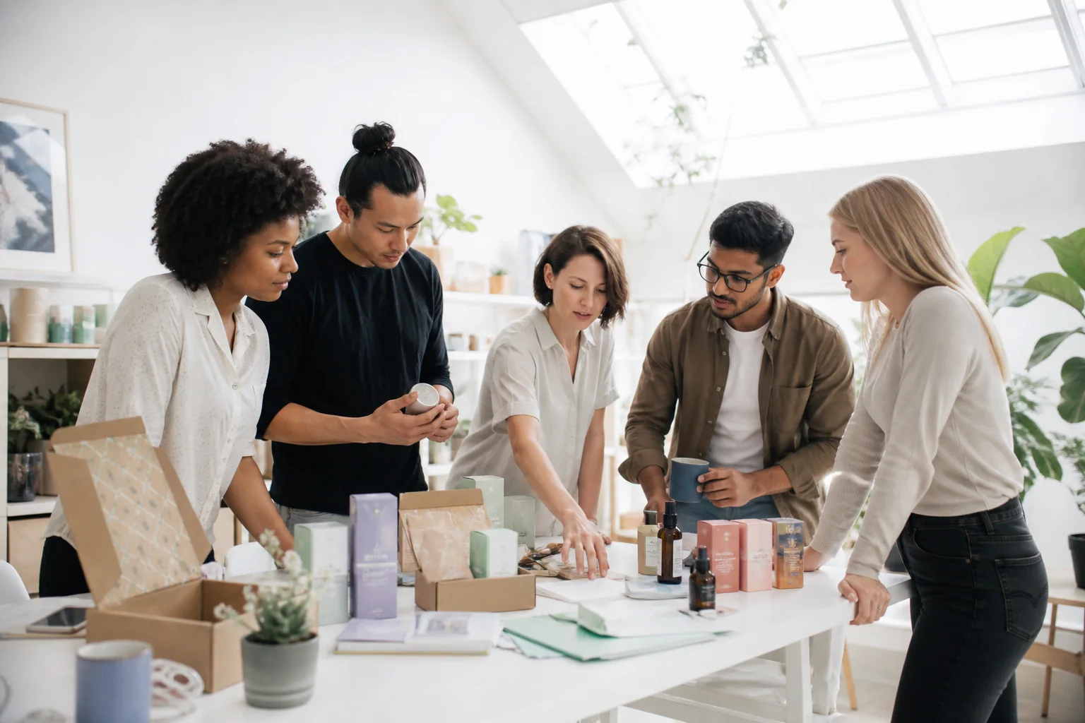 D2C brand specialists reviewing colorful product boxes in a bright studio