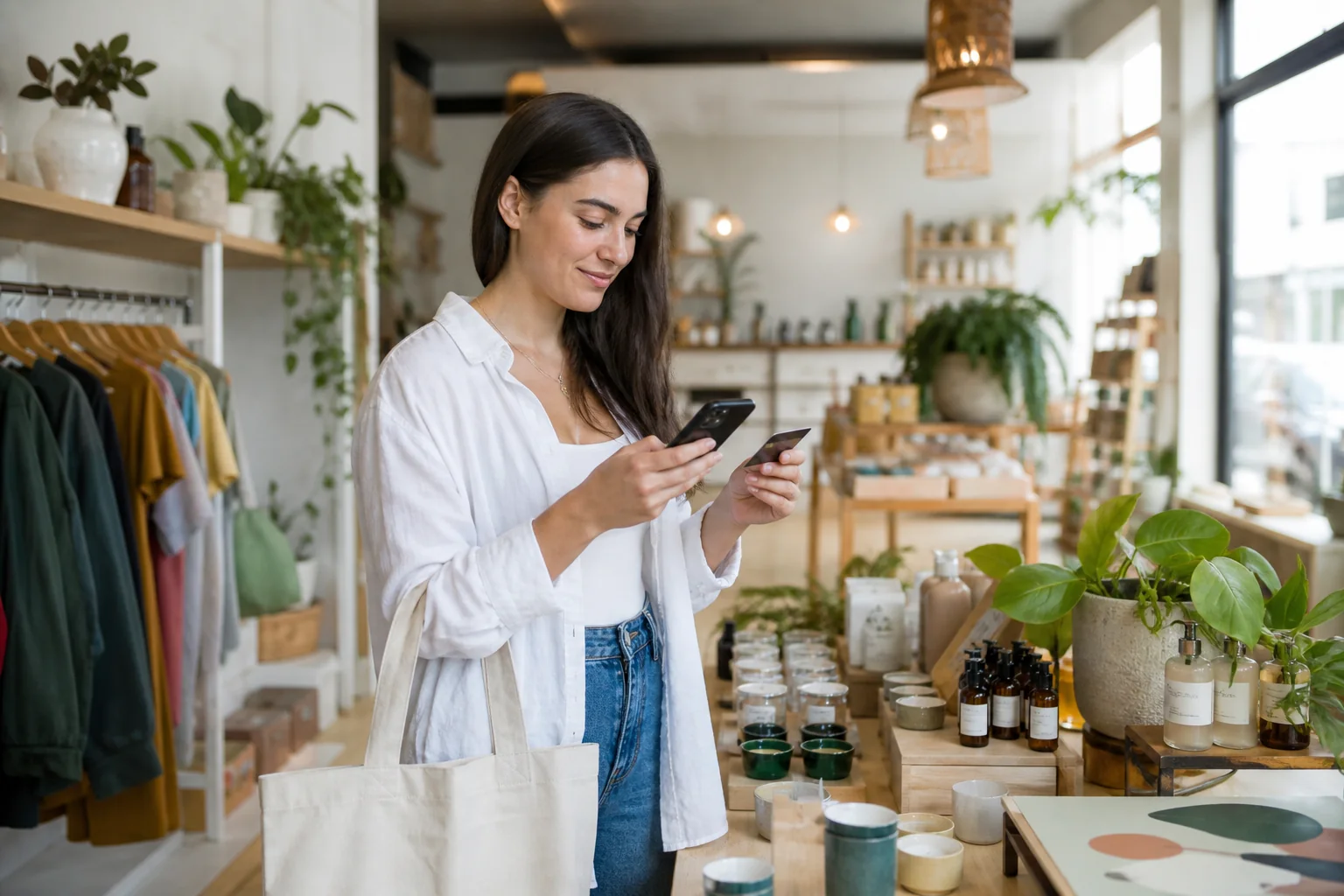 Customer completing a purchase among colorful lifestyle products in a bright boutique