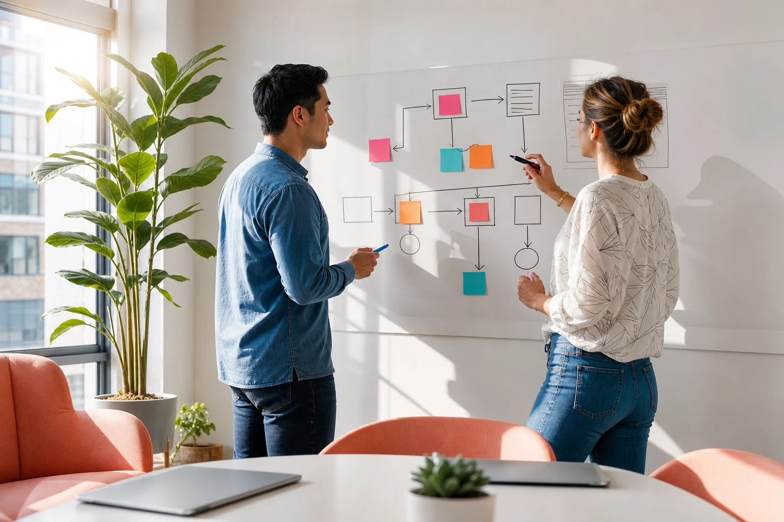 Ecommerce specialists planning a shopping journey in a bright meeting room