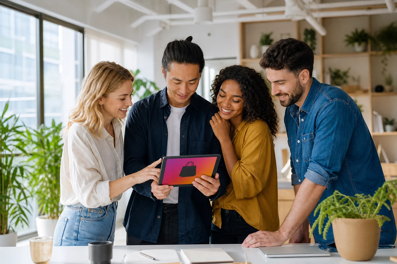 Product team reviewing a shopping app concept in a bright studio