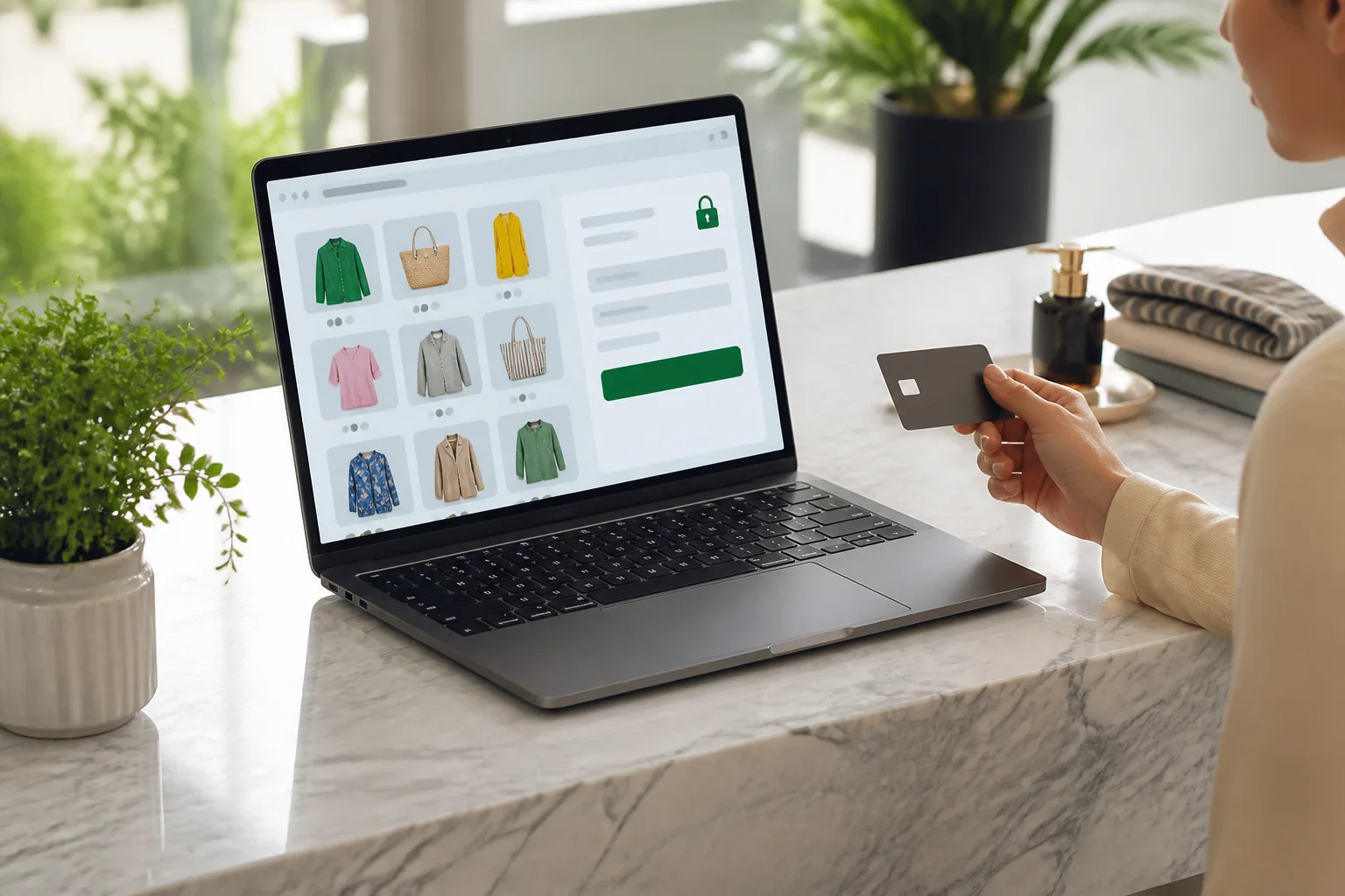 Secure ecommerce checkout and payment handling in a bright retail studio