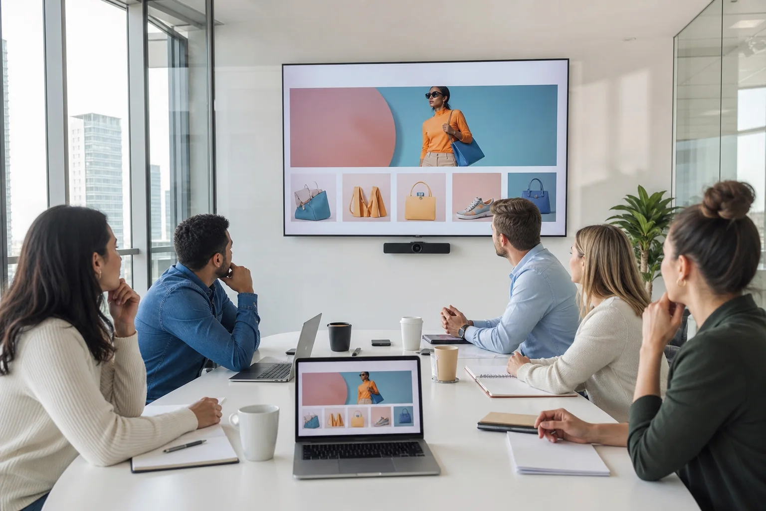 Ecommerce specialists planning a website storefront in a bright meeting room