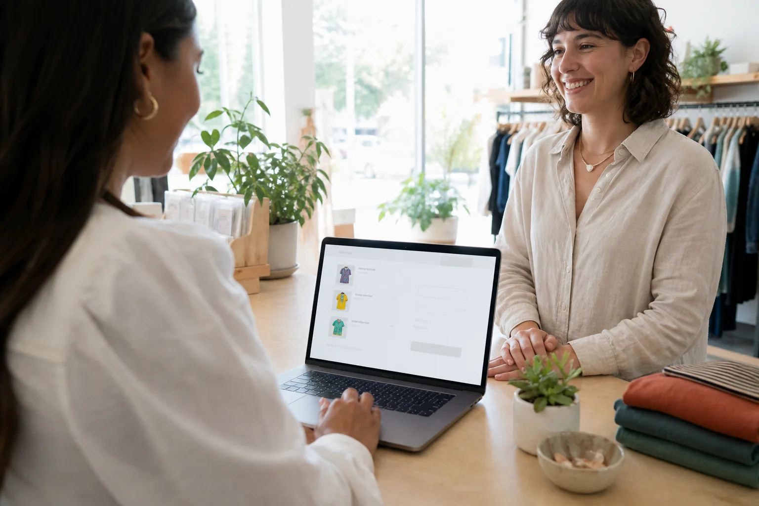 Shopper completing checkout on an ecommerce website in a bright boutique