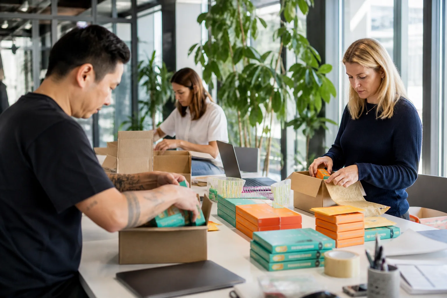 Retail operations team packing products in a bright enterprise HQ