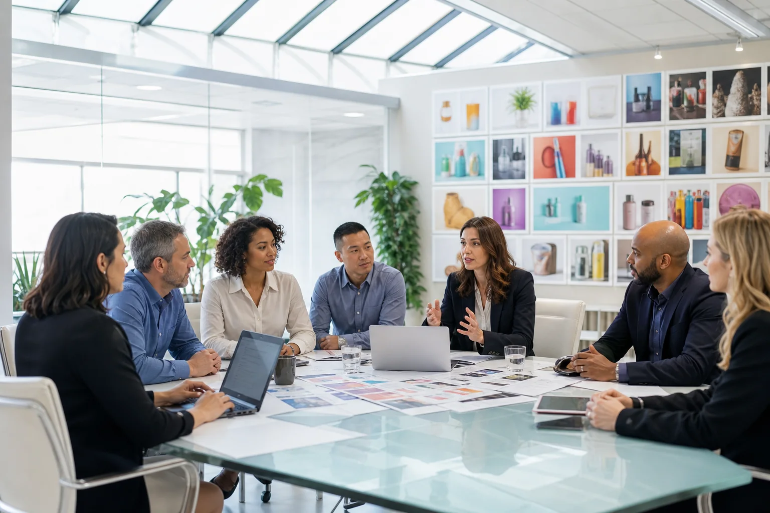 Enterprise commerce specialists planning in a bright glass HQ
