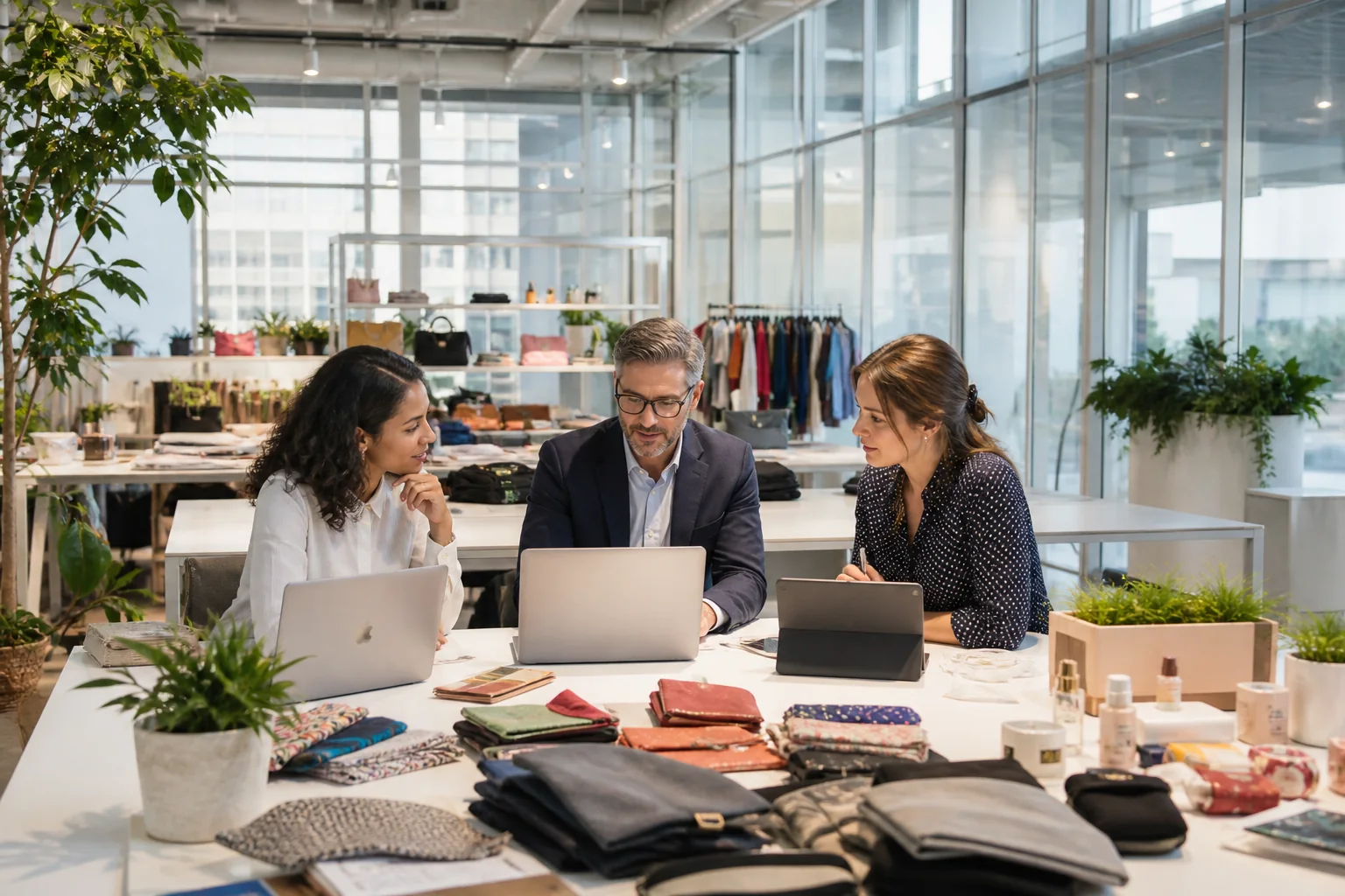 Product team reviewing enterprise commerce concepts in a bright HQ