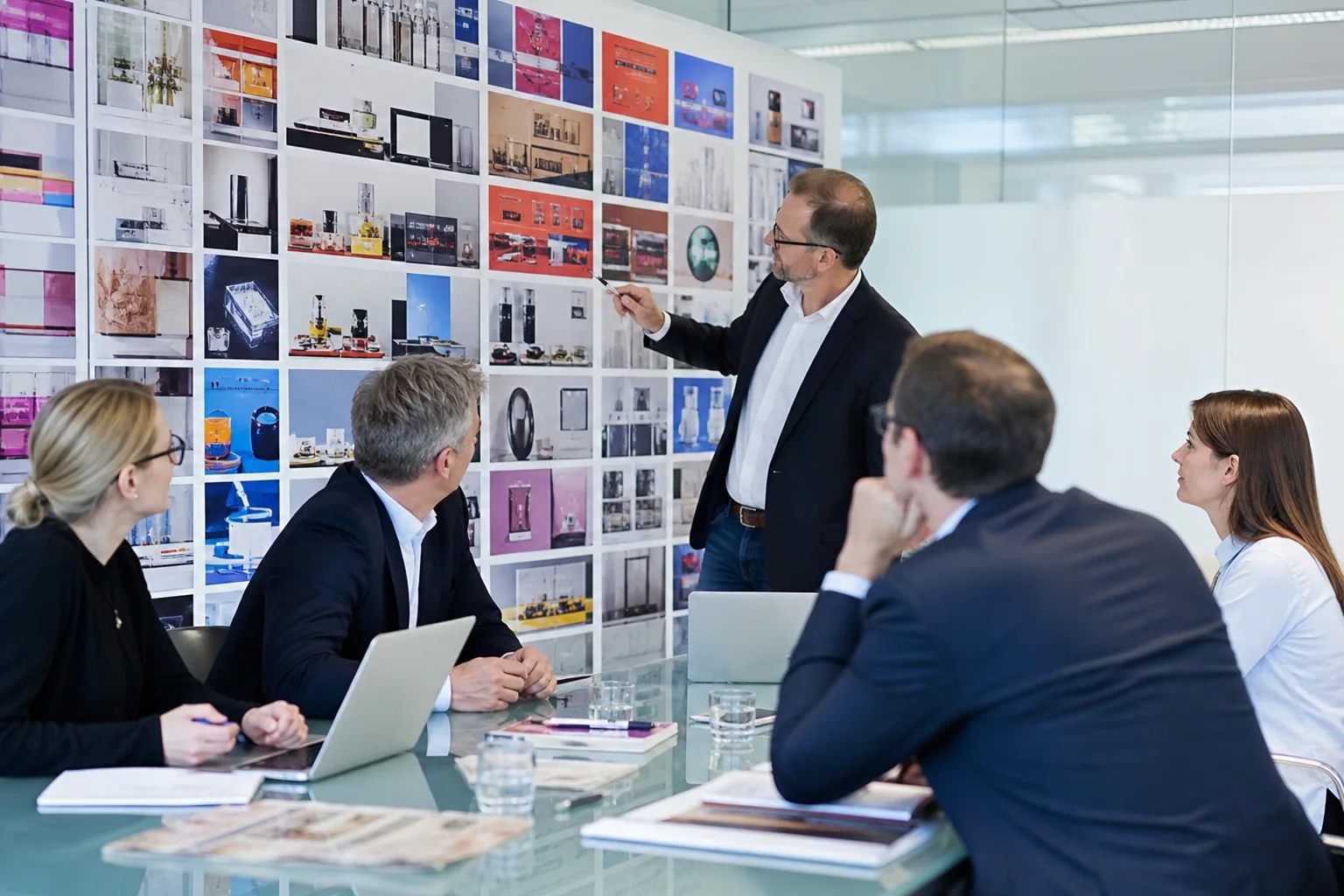 Executives planning enterprise commerce architecture in a bright glass HQ