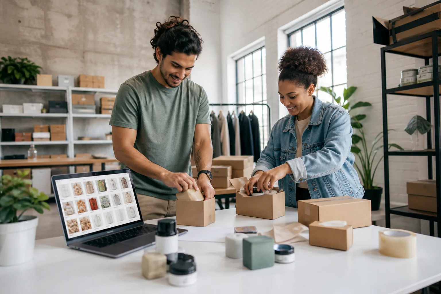 Startup founders packing products beside a custom headless storefront laptop