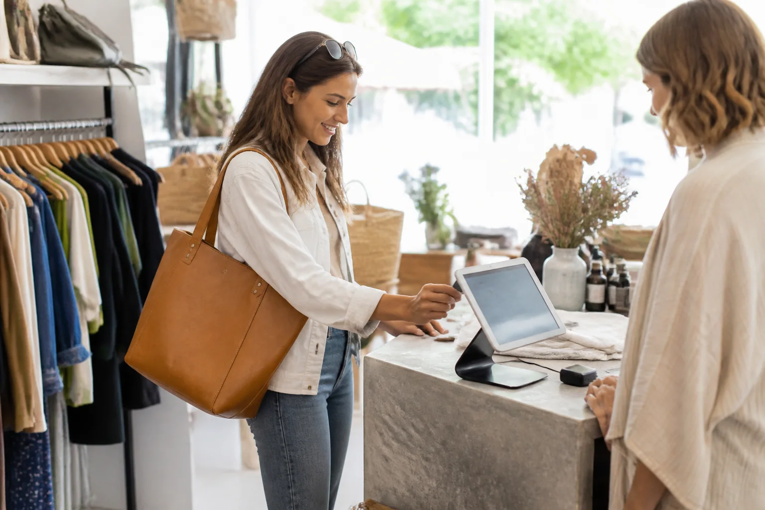 Shopper completing checkout on a custom storefront in a bright boutique