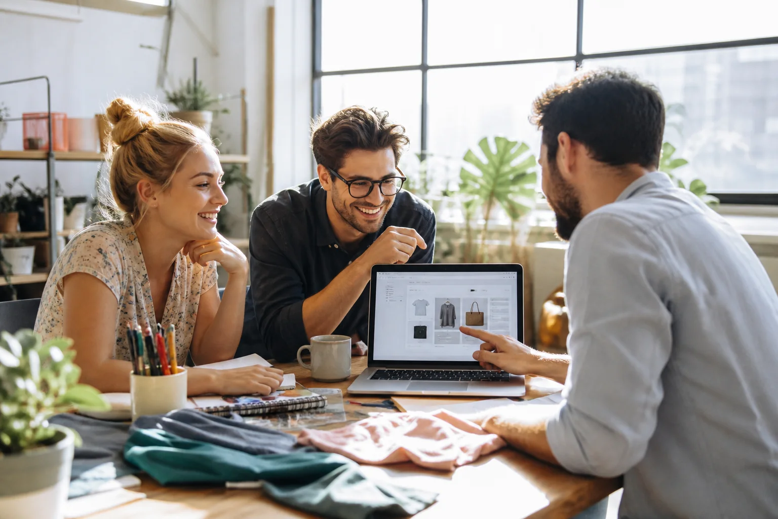 Startup founders and a hired ecommerce developer planning an MVP in a bright coworking space