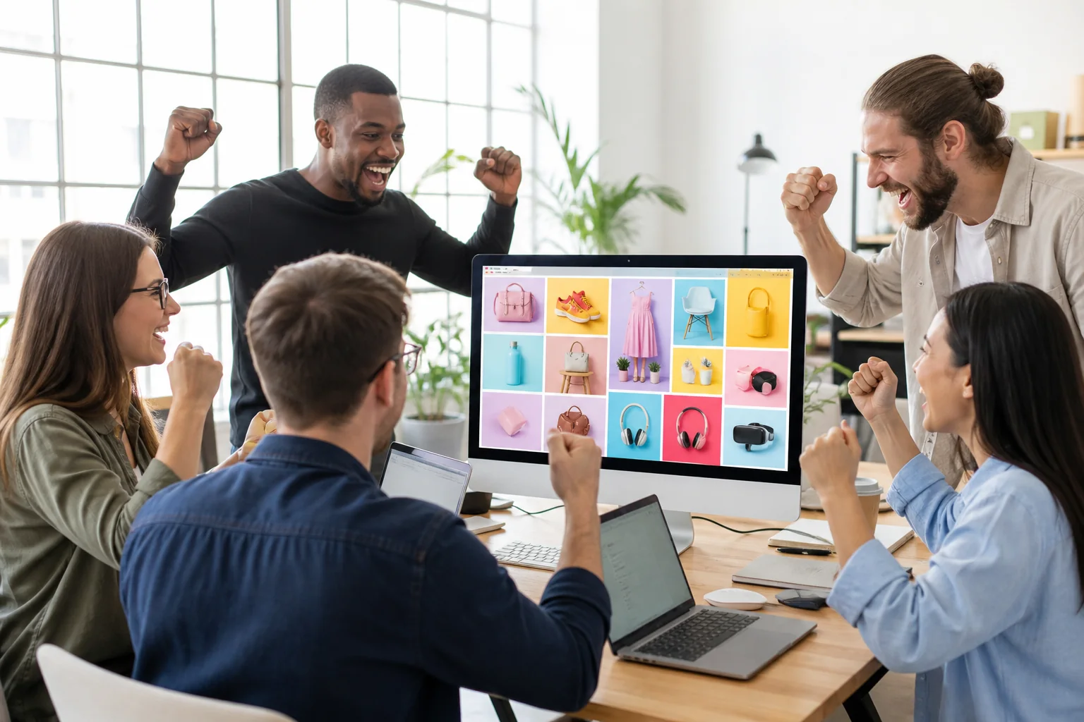 Ecommerce development team collaborating around a large monitor in a bright studio