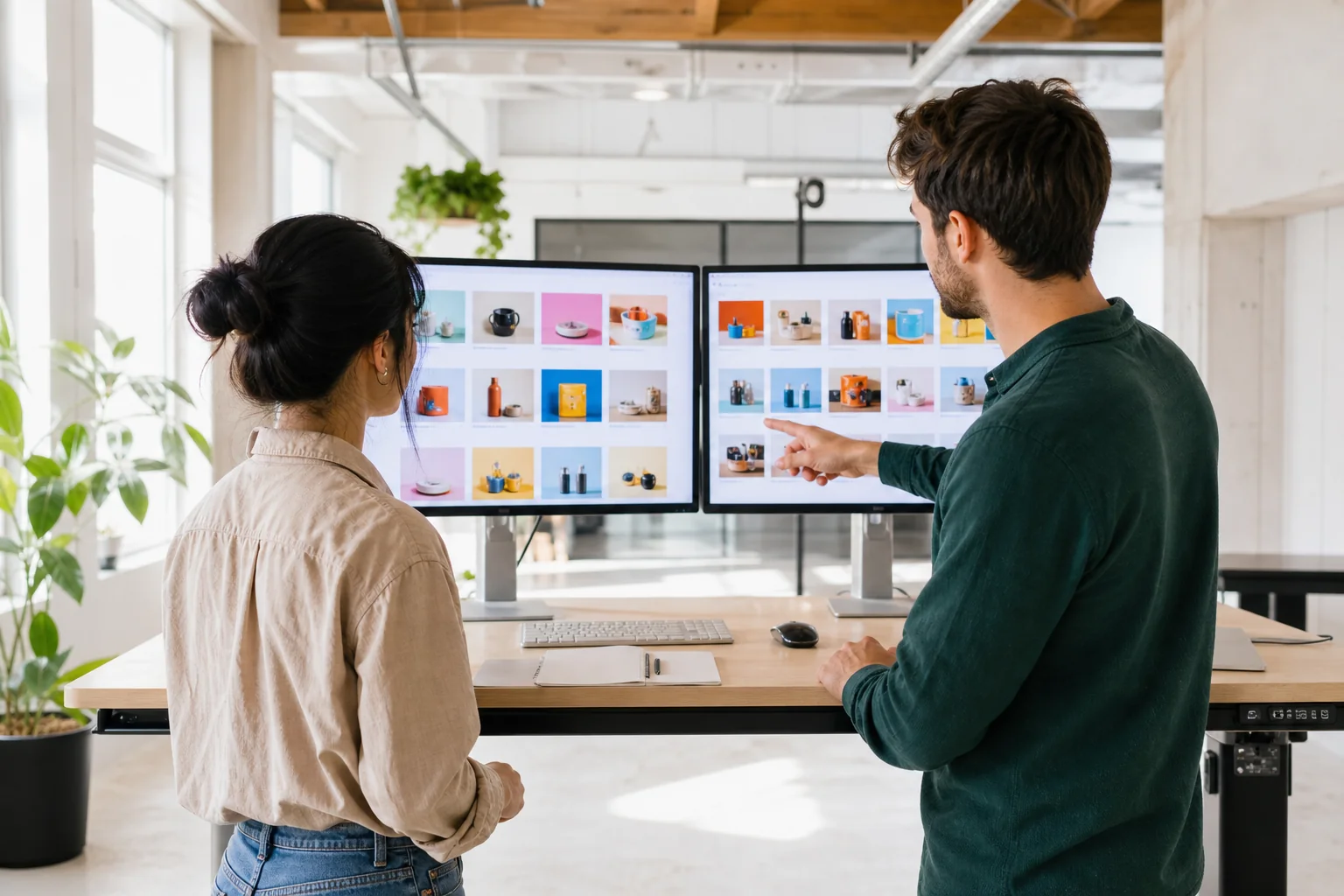 Developers pairing at a standing desk with dual monitors in a bright loft