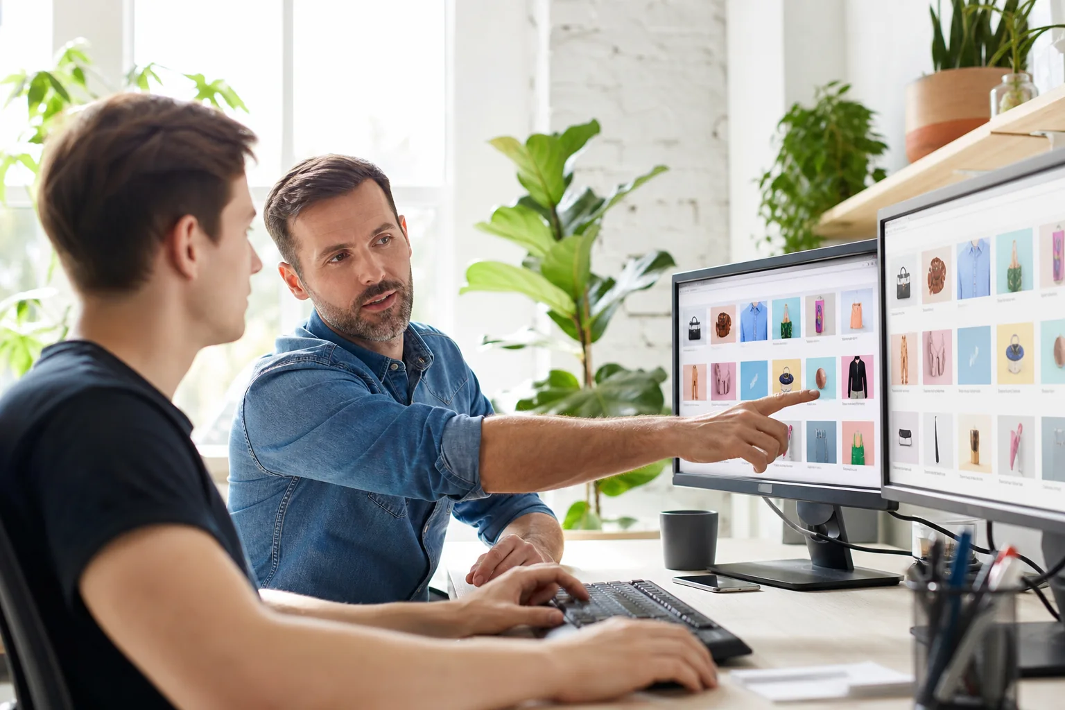 Experienced ecommerce developer mentoring a teammate at dual monitors