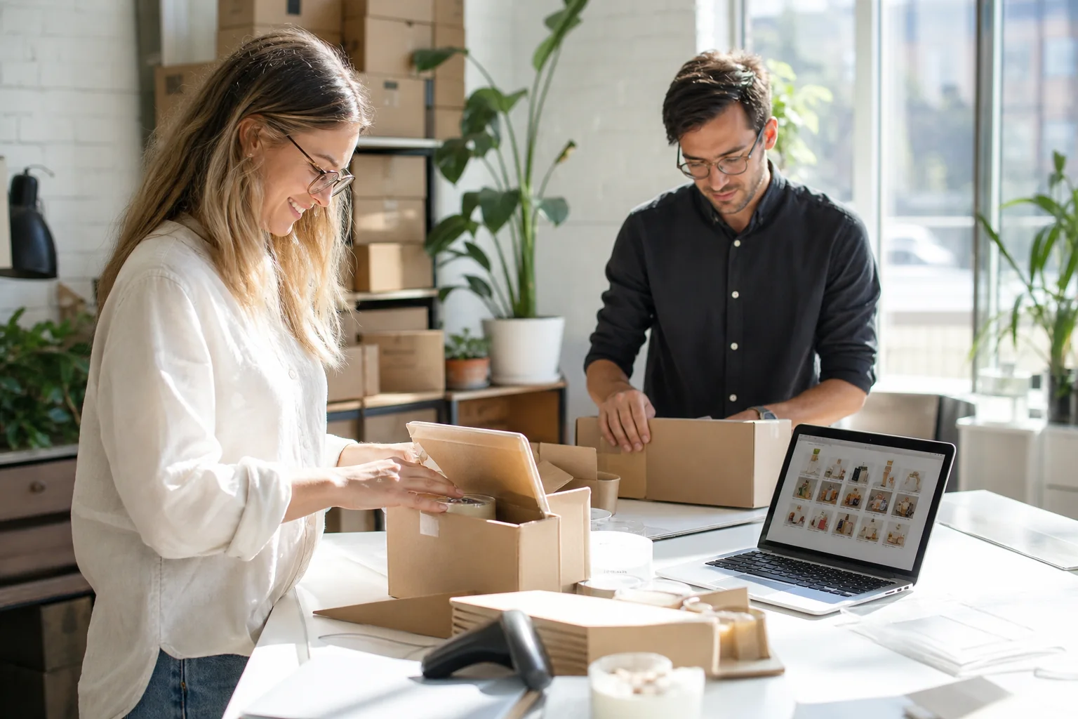 Startup founders reviewing a marketplace storefront on a laptop in a bright studio