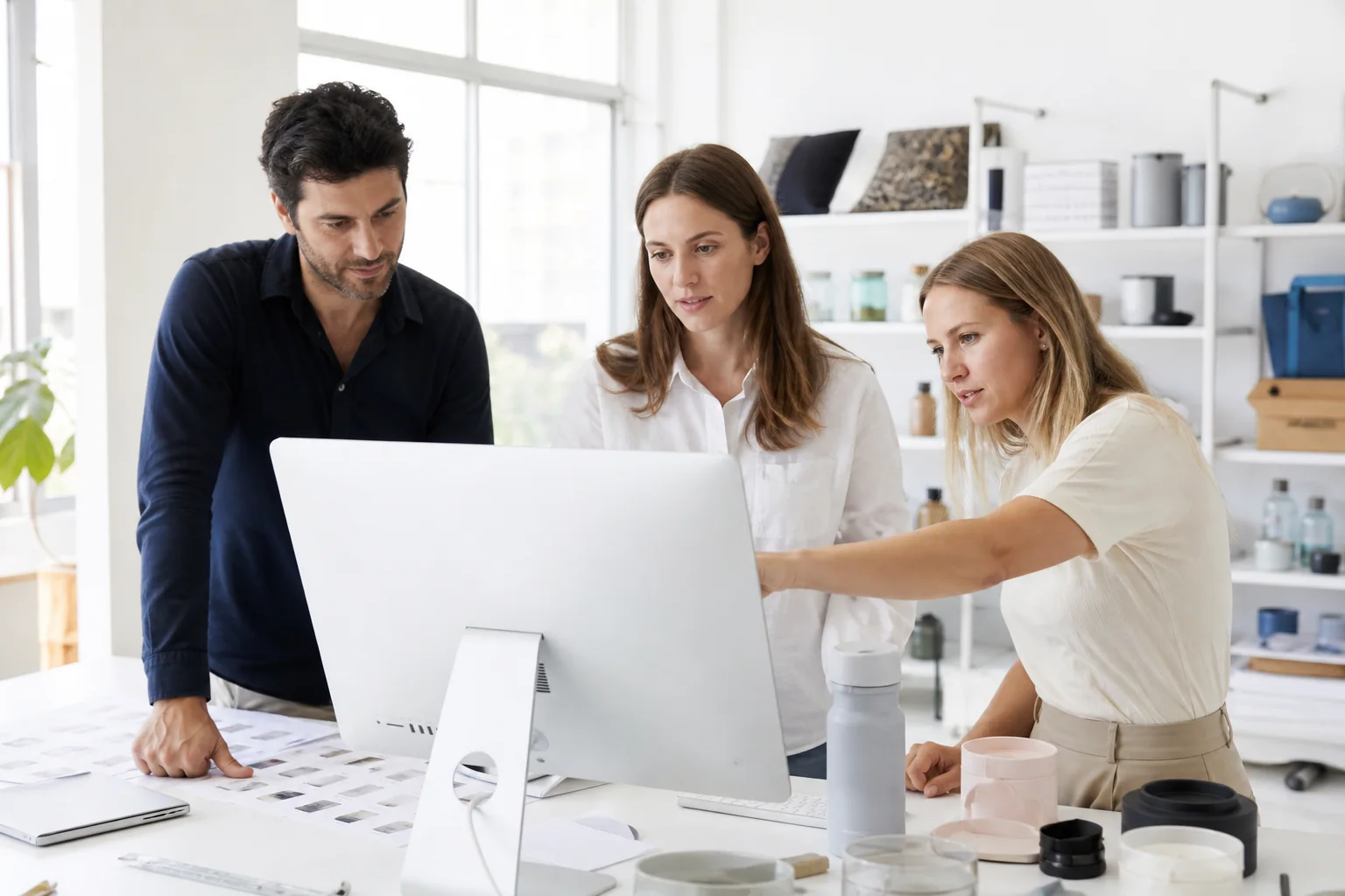 Product team reviewing a marketplace concept in a bright studio