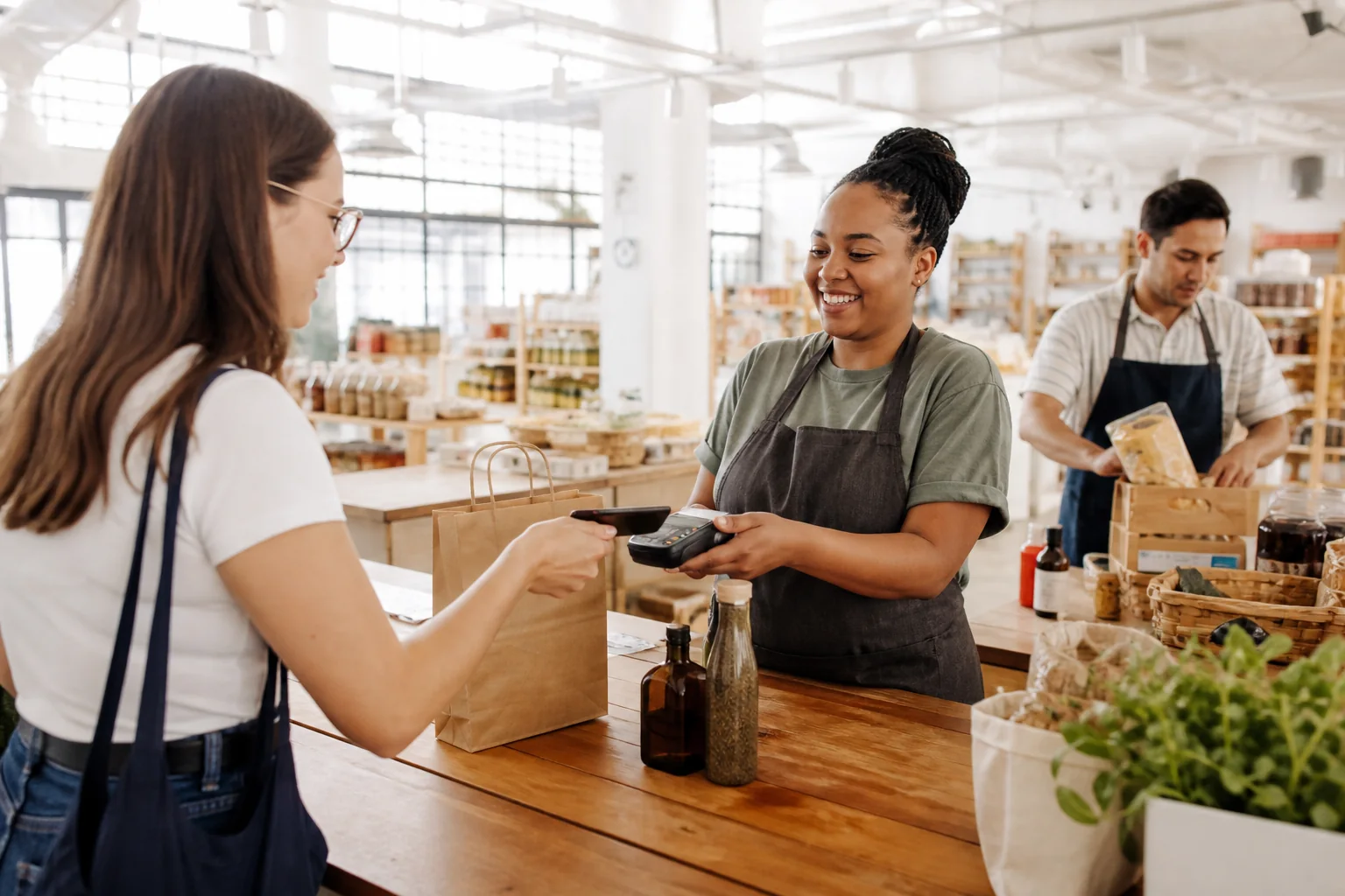 Shopper discovering products from multiple sellers in a bright marketplace