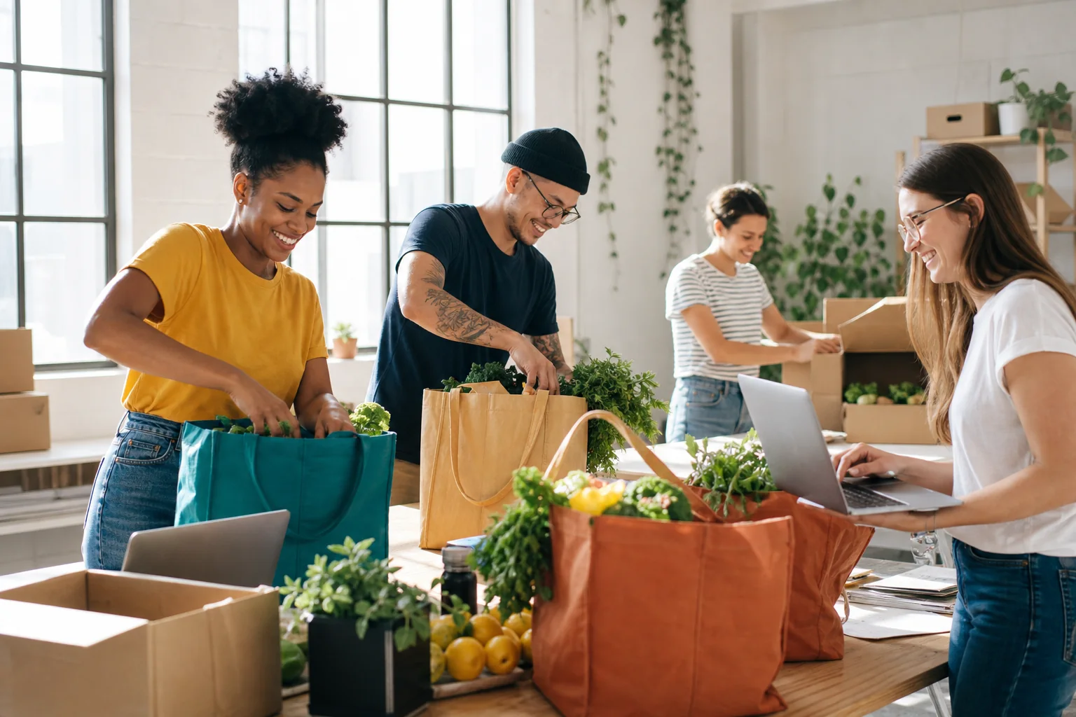 Startup team packing grocery totes in a bright loft