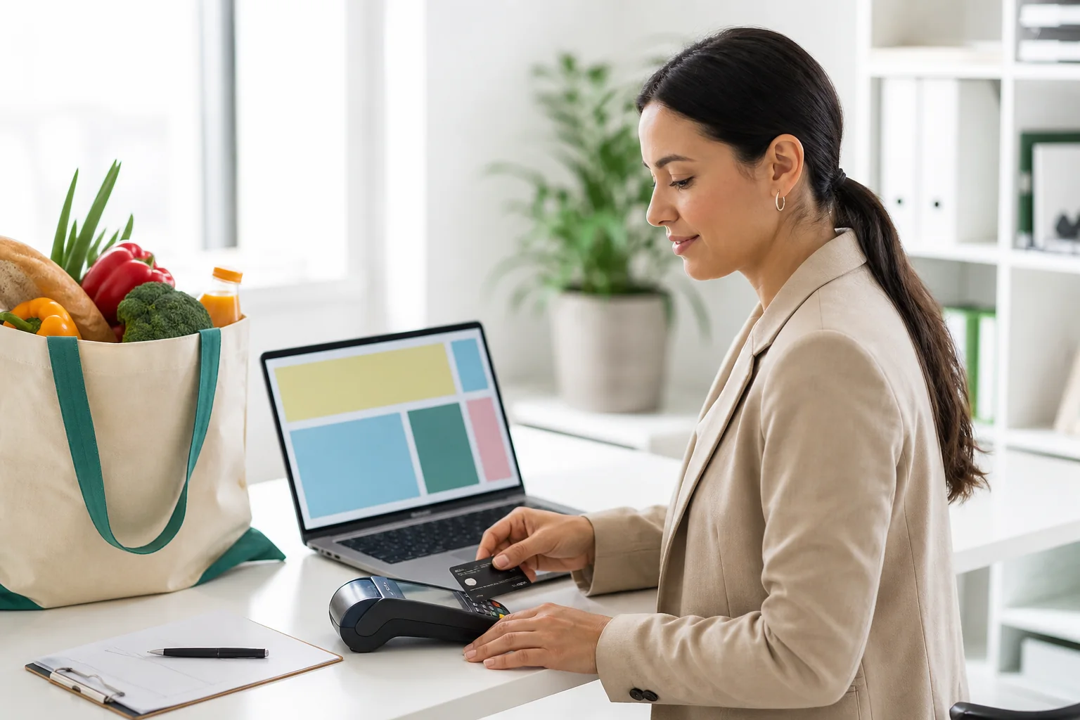 Secure payment review for a grocery delivery order in a bright studio