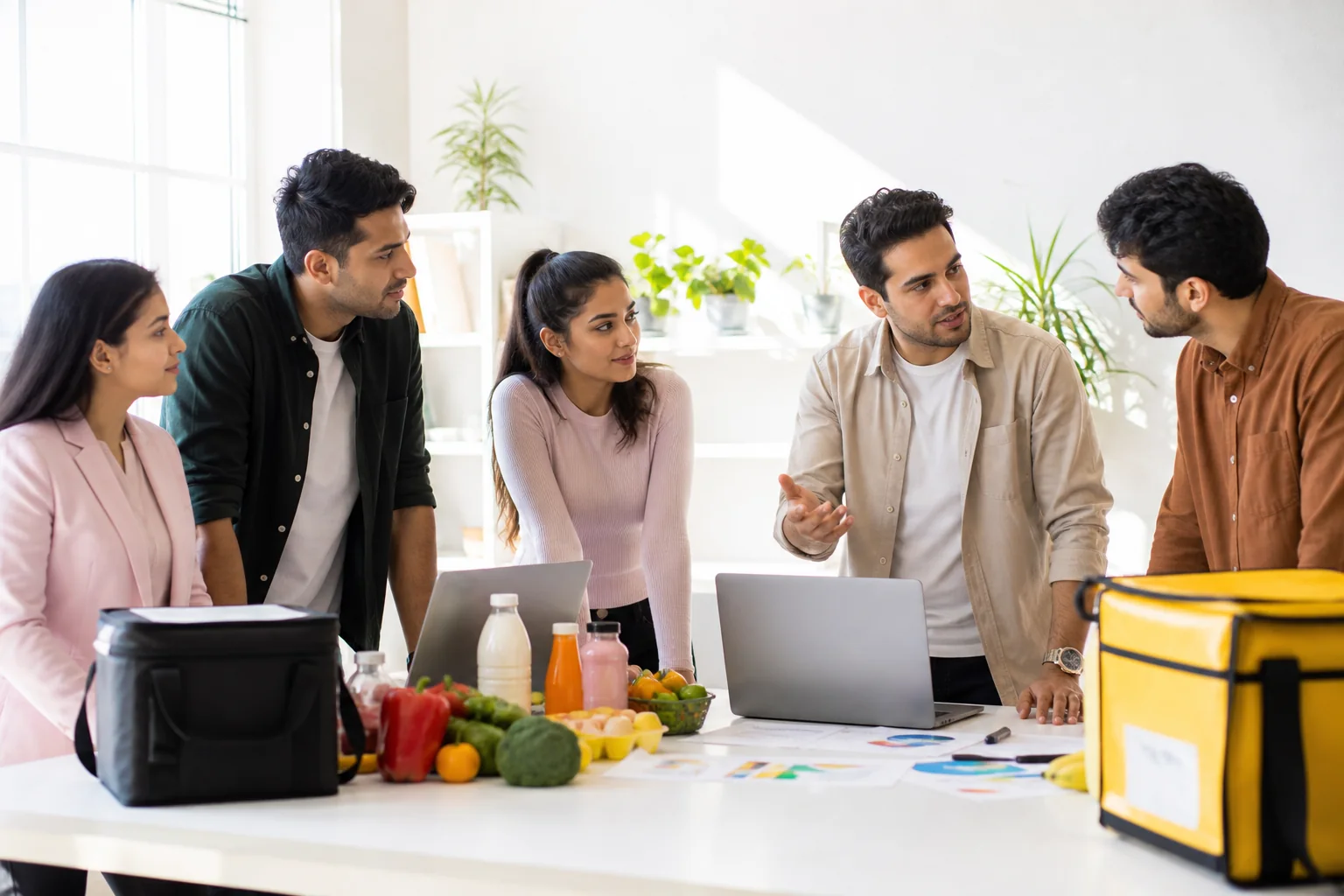 Quick commerce specialists planning around laptops and delivery bags in a bright studio