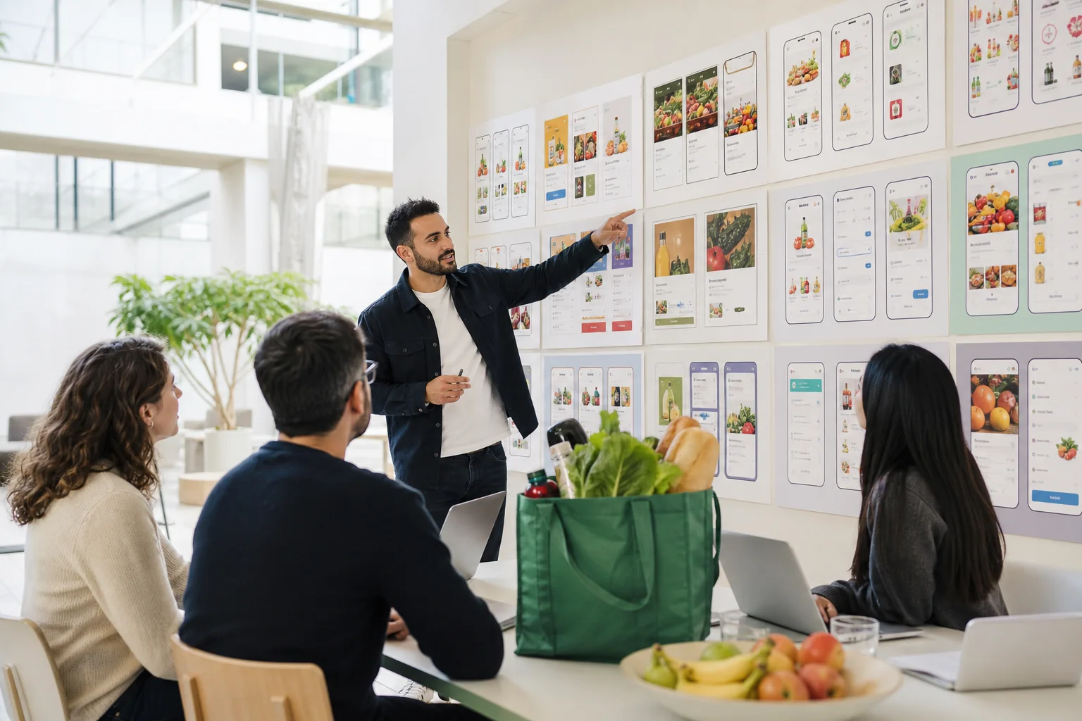 Product designer presenting grocery shopping screens in a bright studio