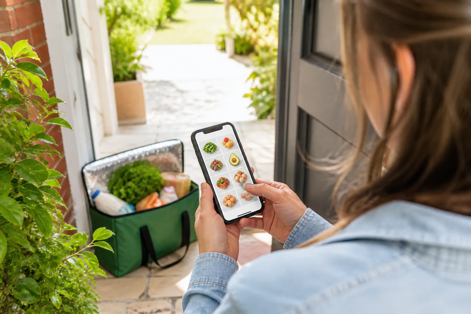 Customer completing a fast grocery checkout on a phone at a sunny doorstep