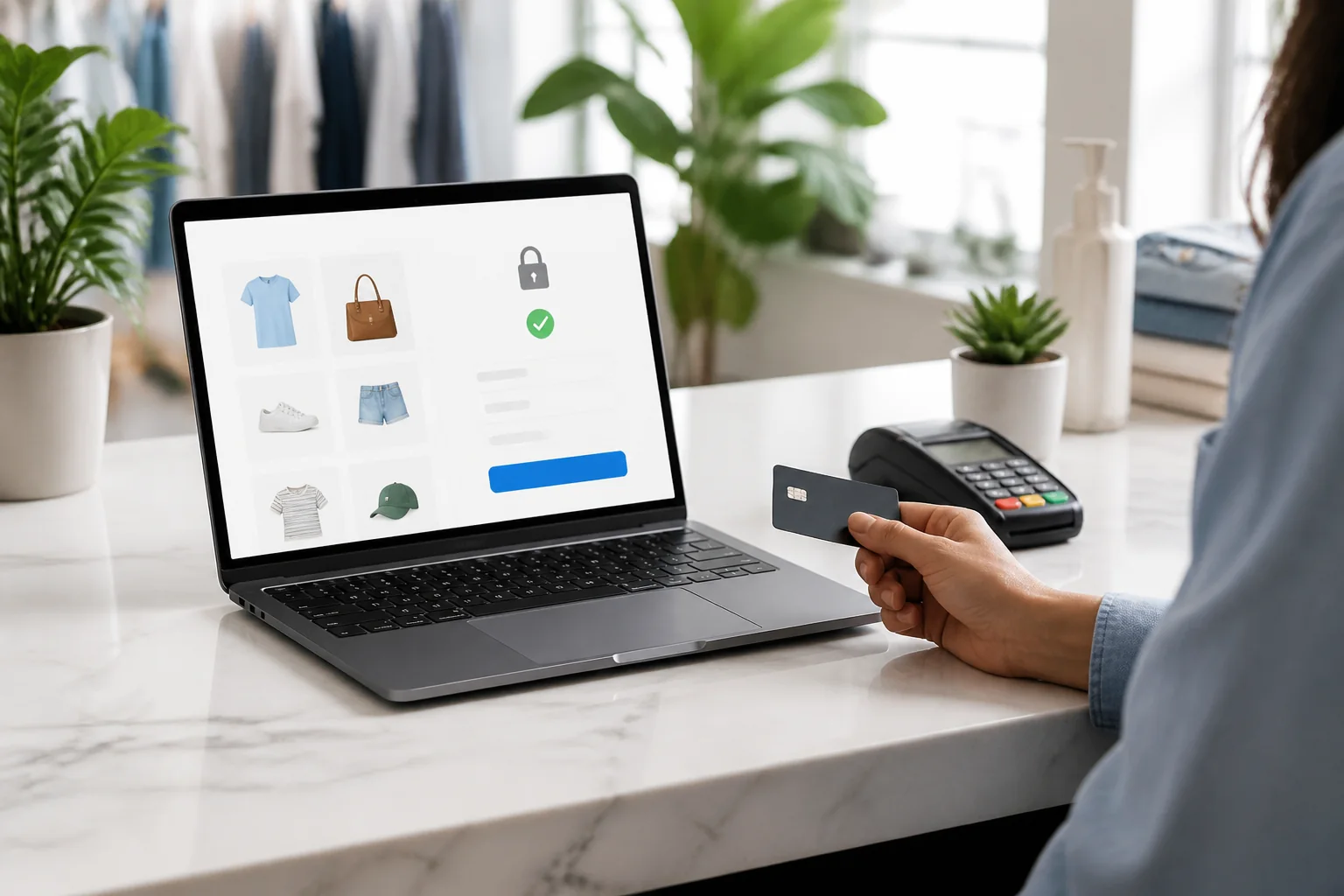 Secure Shopify checkout and payment handling in a bright retail studio
