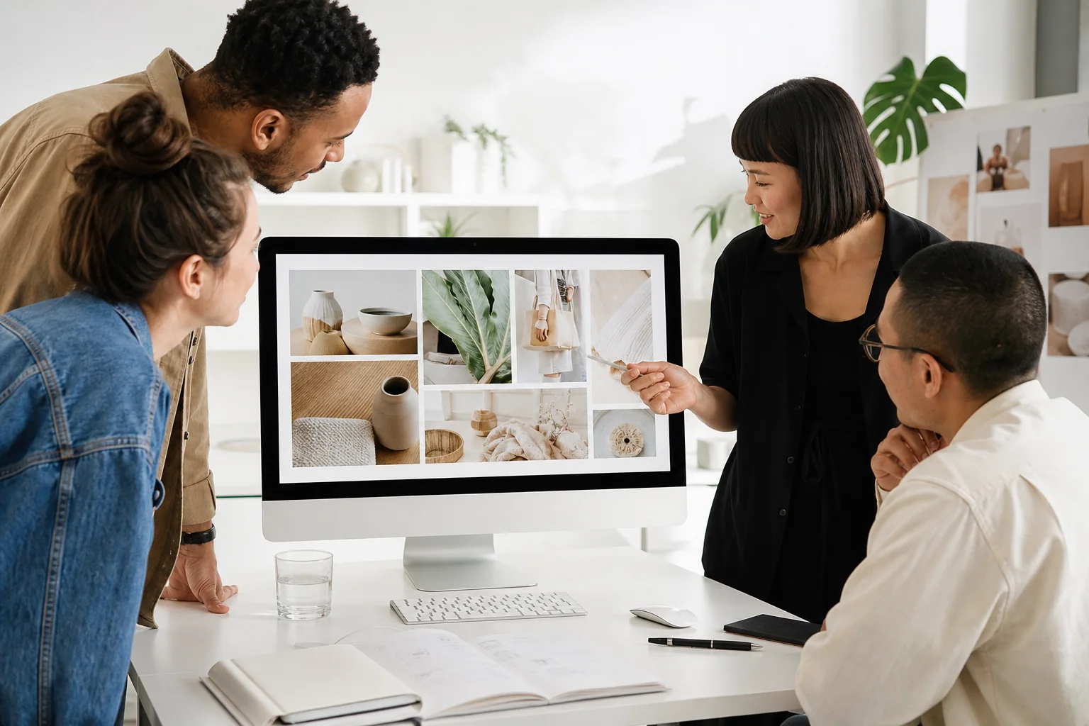 Product team reviewing a Shopify storefront concept in a bright studio