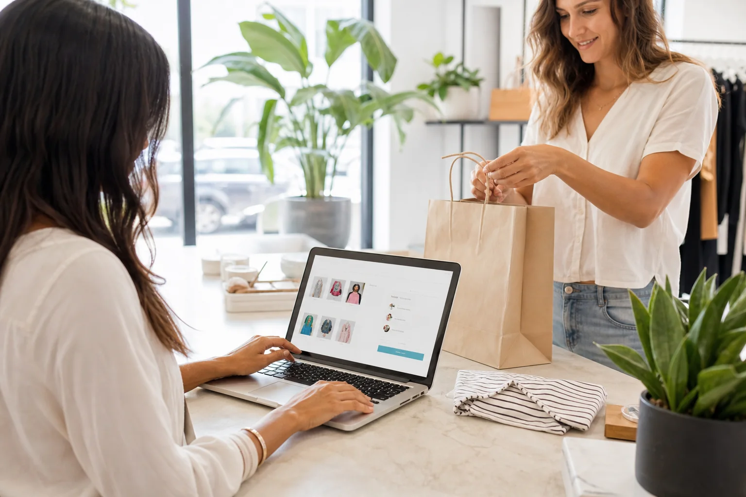 Shopper completing checkout on a Shopify store in a bright boutique