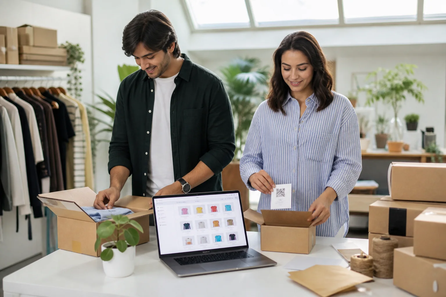 Startup team packing products beside ecommerce software on a laptop