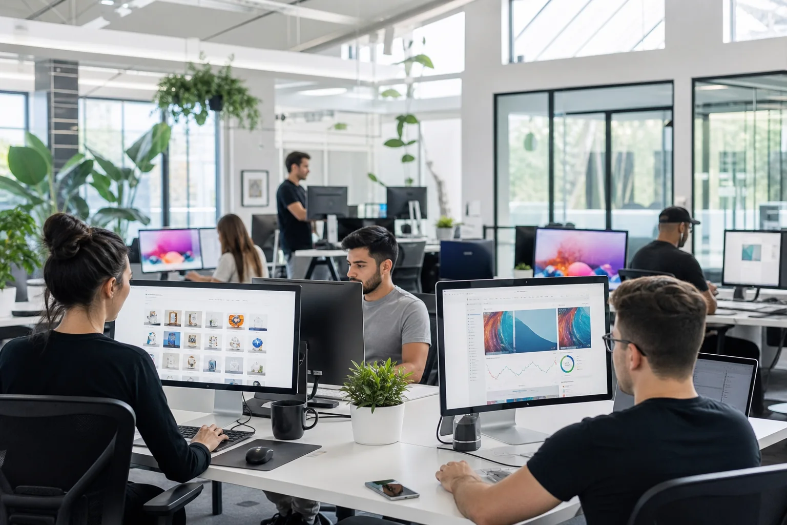 Ecommerce software developers collaborating in a bright studio