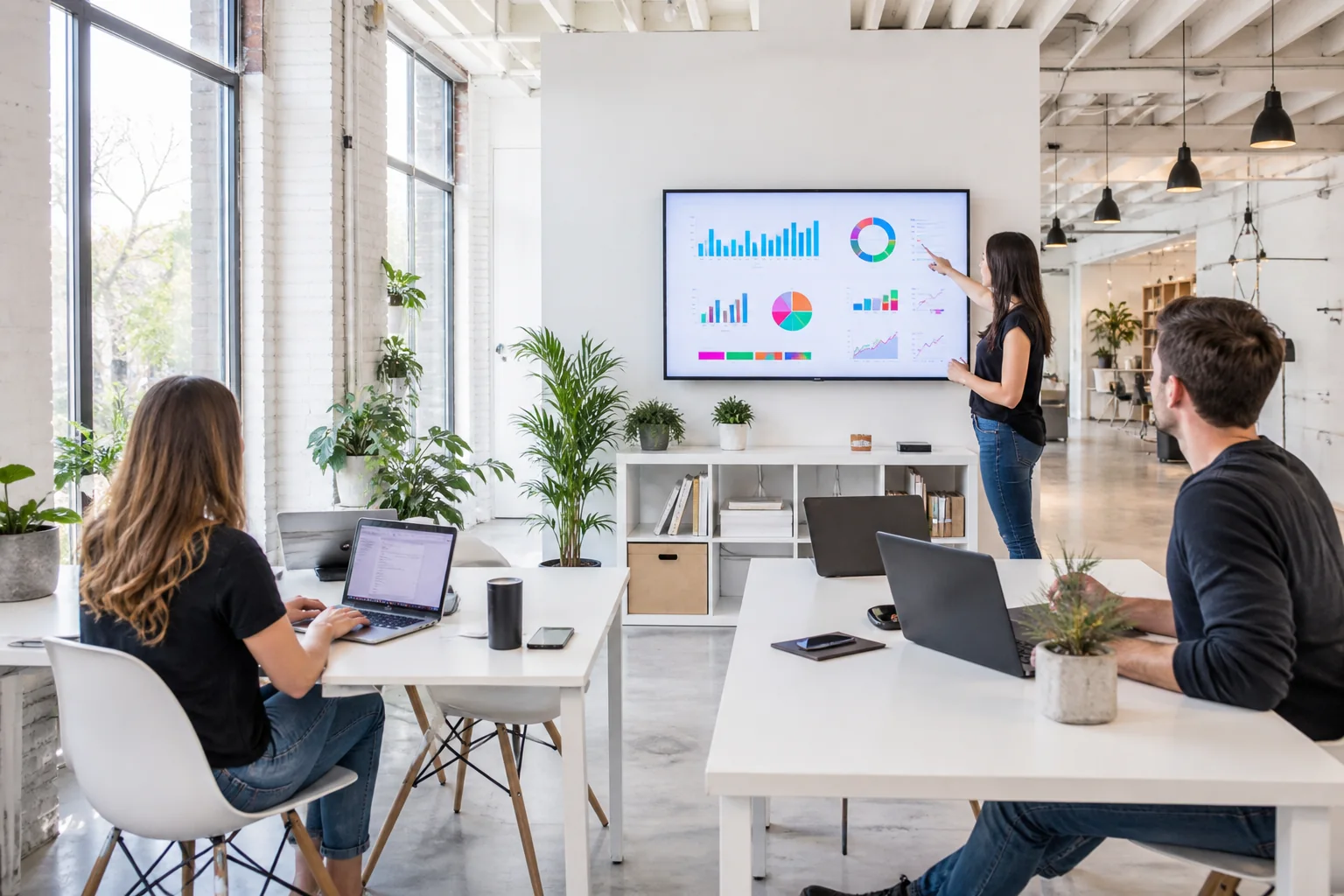 Product team reviewing ecommerce software plans in a bright loft