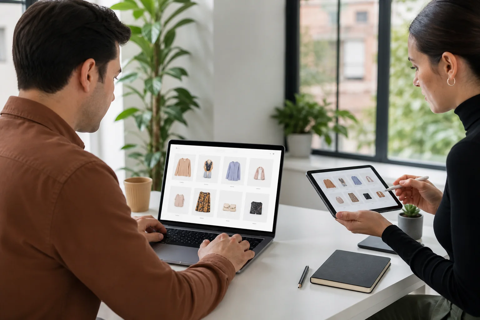 Customer completing a purchase while a specialist observes ecommerce software