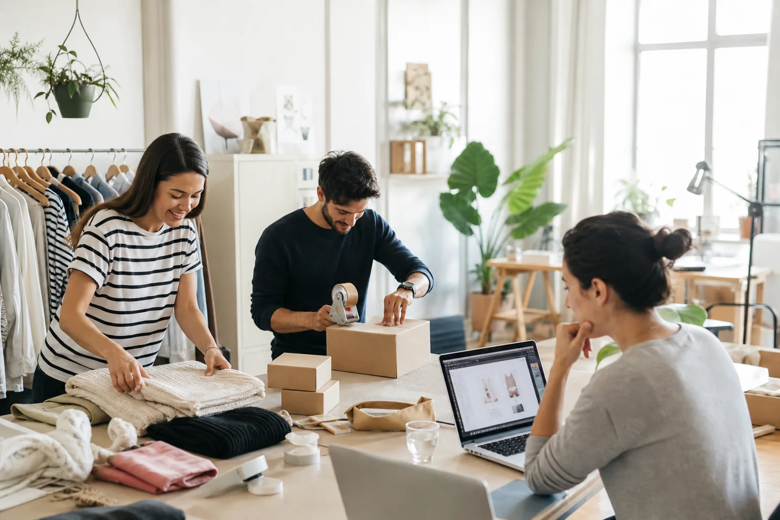 Startup founders packing products beside a storefront design mockup