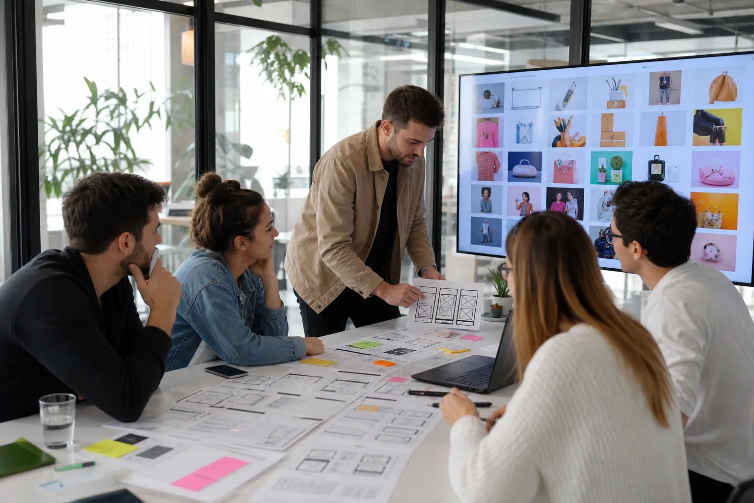 Designers reviewing ecommerce wireframes in a bright meeting room
