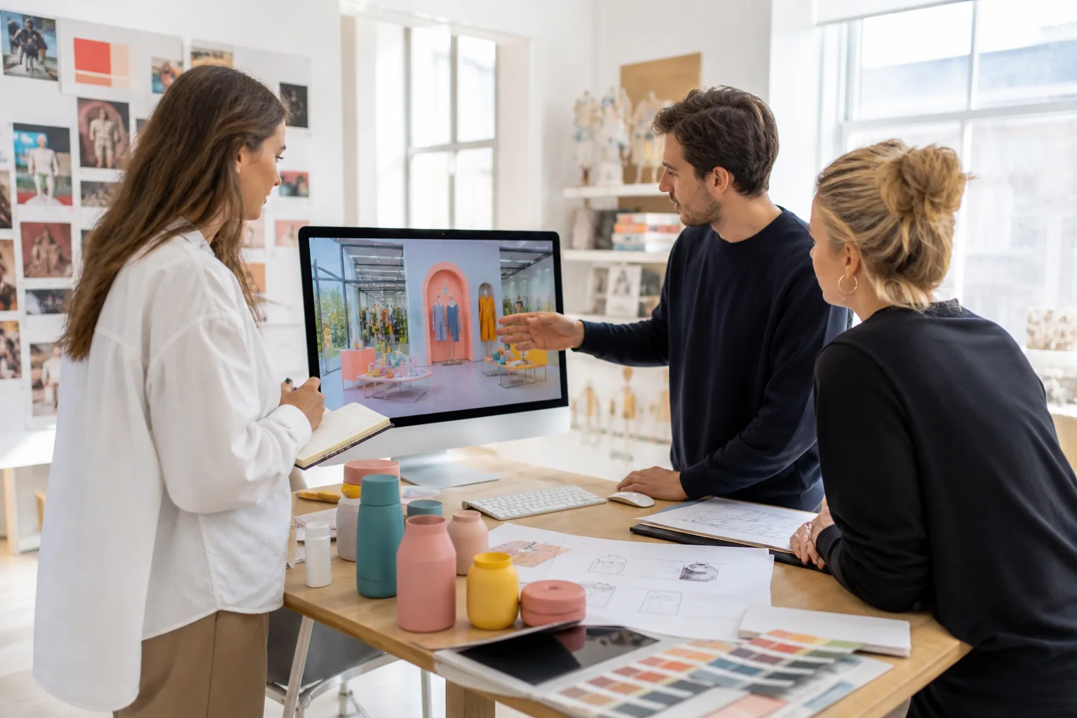 Product team reviewing a storefront design concept in a bright studio