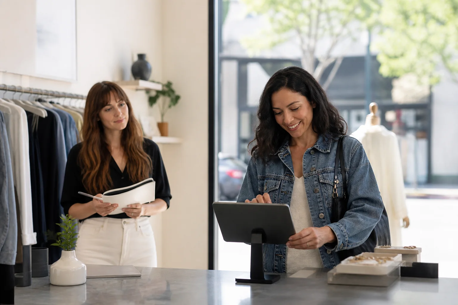 Shopper completing checkout while a designer observes in a bright boutique