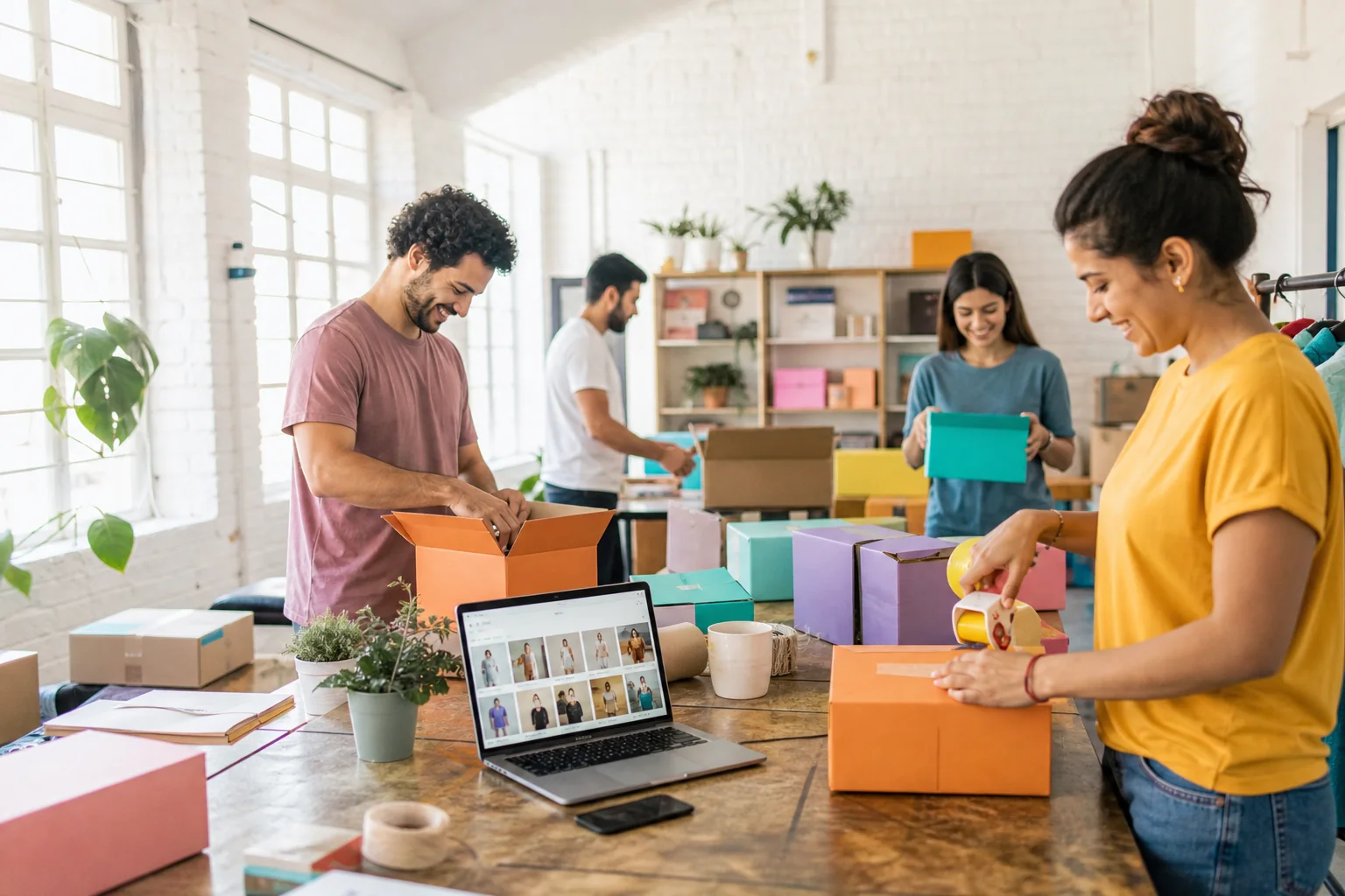 Startup team packing colorful branded boxes in a bright loft