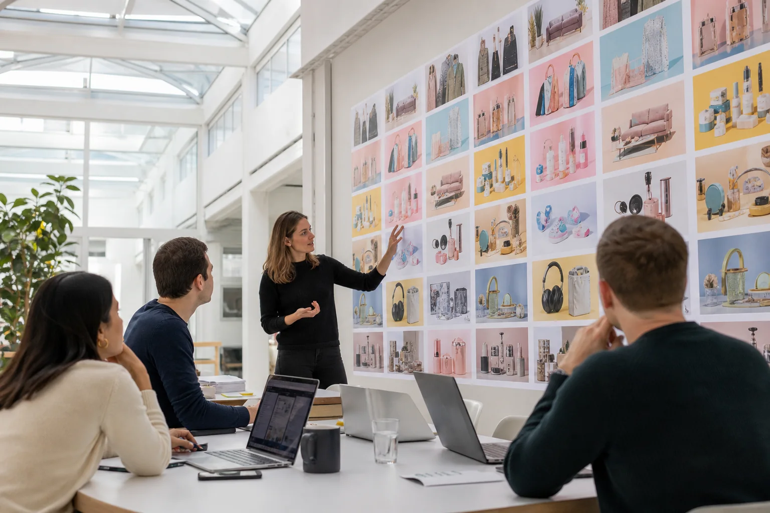 Product designer presenting shopping web app concepts in a bright studio