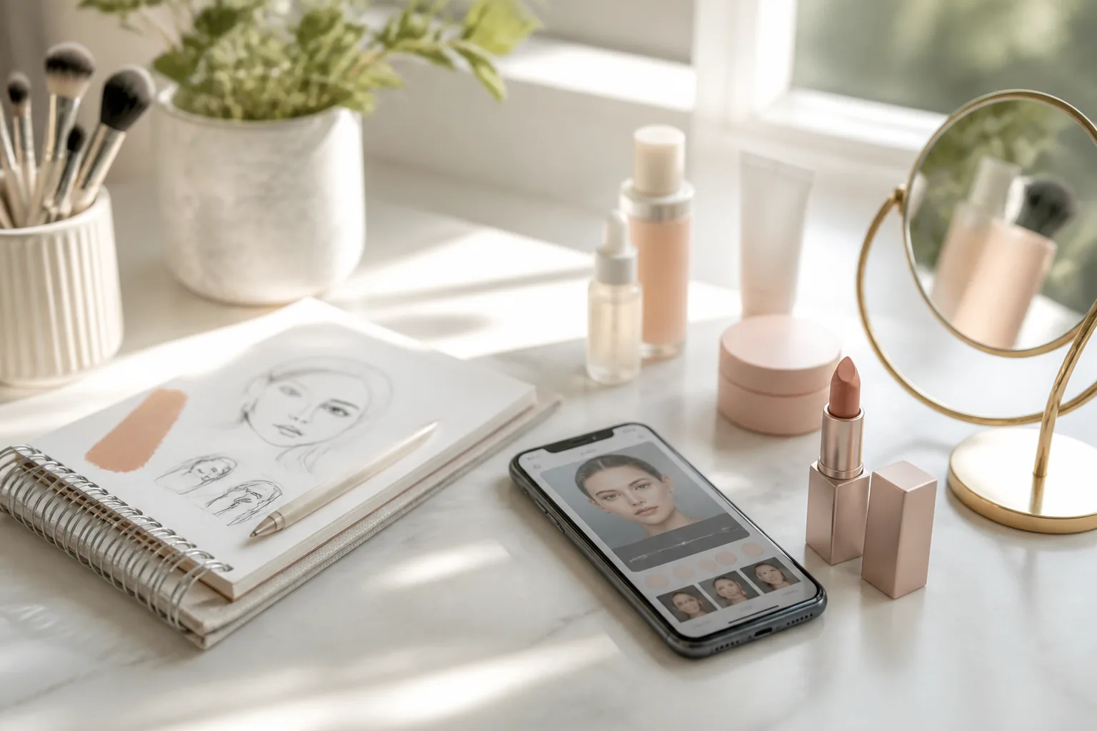 Bright beauty studio table with sketches, product bottles, and a mobile app concept